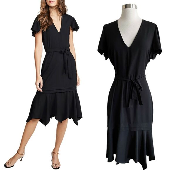 AMANDA UPRICHARD Graciela Midi Dress Black Belt Cap Ruffle Sleeves NWT Large - Picture 1 of 11